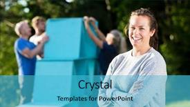  Presentation with five business people standing together and smiling - Amazing PPT theme having puzzle smile - smiling woman standing arms crossed backdrop and a teal colored foreground