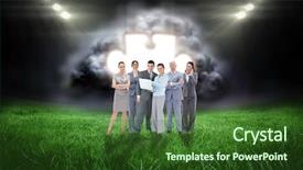  Presentation with business pitch - Audience pleasing presentation theme consisting of puzzle soccer - business team looking at camera backdrop and a forest green colored foreground