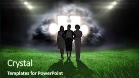  Presentation with football lights - Colorful PPT layouts enhanced with puzzle soccer - team of businesswomen looking backdrop and a forest green colored foreground