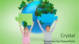  Presentation with jigsaw globe - Beautiful presentation theme featuring young beautiful girl in a swimming cap and glasses stands on the background of a black wall backdrop and a violet colored foreground