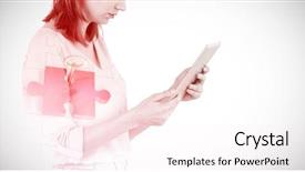  Presentation with unlock - Colorful PPT theme enhanced with puzzle unlock - businesswoman looking at tablet backdrop and a pink colored foreground