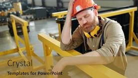  Presentation with metal production - Slide deck having puzzled-bearded-factory-worker-keeping background and a gold colored foreground