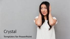  Presentation with asian - PPT theme featuring portrait of asian puzzled woman background and a light gray colored foreground