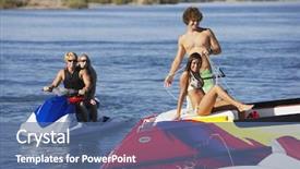  Presentation with boat - Slide set featuring happy caucasian friends on boat background and a ocean colored foreground