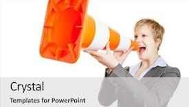  Presentation with angry - Beautiful presentation theme featuring pylone - angry young business woman shouting backdrop and a light gray colored foreground