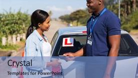  Presentation with patent license agreement licensing business - Audience pleasing presentation theme consisting of pylone - friendly african driving instructor handing backdrop and a teal colored foreground