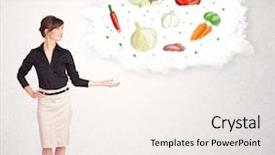  Presentation with nutritional analysis - Cool new PPT theme with pyramid energy - young girl presenting nutritional cloud backdrop and a sky blue colored foreground