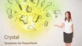  Presentation with nutritional requirements - Amazing PPT theme having pyramid energy - young girl presenting nutritional cloud backdrop and a lemonade colored foreground