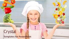  Presentation with girl in red dress - PPT theme enhanced with pyramid of vegetables and fruit background and a lemonade colored foreground