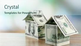  Presentation with pyramid - Slides consisting of pyramid scheme - money houses on wooden table background and a sky blue colored foreground