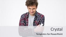  Presentation with credit card - Slide set enhanced with pyramid scheme - upset young man crying background and a white colored foreground