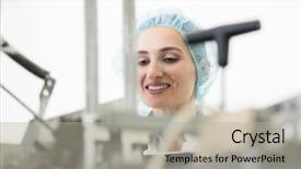  Presentation with industrial machine - Audience pleasing theme consisting of qa - portrait of a happy woman backdrop and a light gray colored foreground