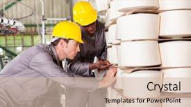  Presentation with industrial workers - Cool new PPT theme with qc - textile industrial workers checking raw backdrop and a soft green colored foreground