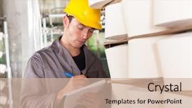  Presentation with textile spinning machine in factory - Slides enhanced with qc - textile worker taking stock background and a soft green colored foreground