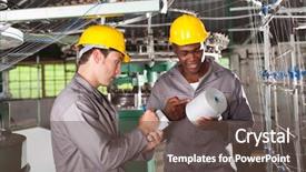  Presentation with factory workers - Audience pleasing PPT theme consisting of qc - two textile workers discussing work backdrop and a tawny brown colored foreground