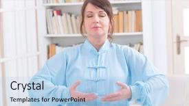  Presentation with chinese chinese - Colorful slide deck enhanced with qi gong - beautiful woman meditating wearing professinal backdrop and a light blue colored foreground
