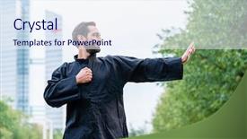  Presentation with philippine martial arts - PPT theme with qigong - martial arts sportsman practicing karate background and a sky blue colored foreground