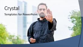  Presentation with martial arts - Cool new PPT theme with qigong - martial arts sportsman practicing karate backdrop and a sky blue colored foreground