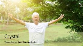  Presentation with senior asian - Colorful slide set enhanced with qigong - portrait of fitness grey hair backdrop and a mint green colored foreground