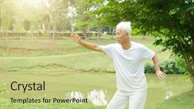 Presentation with senior asian - Theme having qigong - portrait of fitness white hair background and a mint green colored foreground