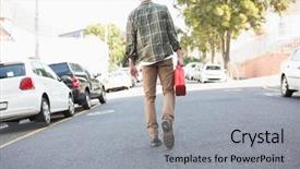  Presentation with petrol storage project - Amazing theme having qran - man bringing petrol canister backdrop and a light gray colored foreground