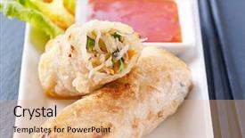  Presentation with noodles - Theme featuring qran - spring rolls with vegetables background and a coral colored foreground