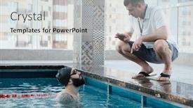  Presentation with coach - PPT theme featuring qualified-mature-coach-crouching background and a light gray colored foreground