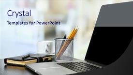  Presentation with ict modern laptop - PPT theme consisting of qualitative - modern laptop on table background and a sky blue colored foreground