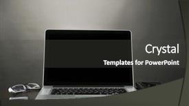  Presentation with ict modern laptop - PPT theme featuring qualitative - modern laptop on table background and a dark gray colored foreground