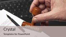  Presentation with stamp - Audience pleasing slide deck consisting of quality control - approved stamp in male hand backdrop and a light gray colored foreground