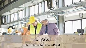  Presentation with blueprint - Theme consisting of quality control - architect and manual worker examining background and a soft green colored foreground