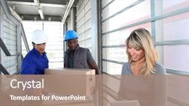  Presentation with warehouse - Presentation theme enhanced with quality control - businesswoman in warehouse controlling goods background and a coral colored foreground