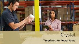  Presentation with production line - Slide set consisting of quality control - factory worker and manager checking background and a yellow colored foreground