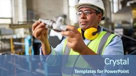  Presentation with manufacturing - Colorful theme enhanced with quality control - mature technician looking at detail backdrop and a ocean colored foreground