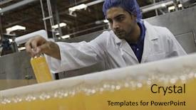  Presentation with industrial textile industry yarn spools - Beautiful PPT theme featuring quality control - mid adult industrial worker looking backdrop and a yellow colored foreground