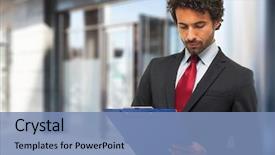  Presentation with quality control - Cool new presentation theme with quality control - portrait of a businessman holding backdrop and a teal colored foreground