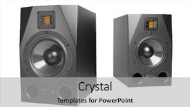  Presentation with speakers - Colorful theme enhanced with quality control circle - audio speakers isolated on white backdrop and a light gray colored foreground