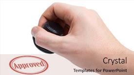  Presentation with quality control circle - PPT layouts featuring quality control circle - hand and rubber stamp approved background and a coral colored foreground