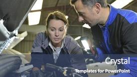  Presentation with apprenticeship - Colorful theme enhanced with quality control engines - mechanics instructor teaching woman backdrop and a ocean colored foreground