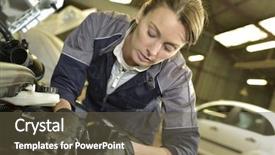  Presentation with auto repair - Cool new PPT theme with quality control engines - technician woman working in auto backdrop and a tawny brown colored foreground