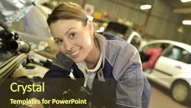  Presentation with auto repair - Presentation theme consisting of quality control engines - technician woman working in auto background and a tawny brown colored foreground