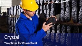  Presentation with quality control - PPT theme having quality controller checking rubber-boots background and a navy blue colored foreground