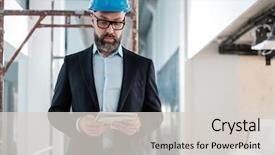  Presentation with engineering desk of civil engineer - Theme consisting of quality engineering building - middle-aged engineer in hardhat background and a  colored foreground