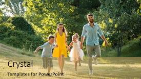  Presentation with children running - Amazing slides having active young parents with a healthy lifestyle running together with their two competitive children outdoors in a summer day backdrop and a yellow colored foreground