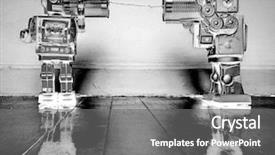  Presentation with robots - Amazing PPT layouts having two retro robots toys talking on tin can phones on an old wooden floor backdrop and a gray colored foreground