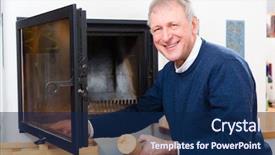  Presentation with pensioner - Slide deck consisting of quality of life - older man or pensioner stoke the fire in his fireplace he is at home background and a navy blue colored foreground