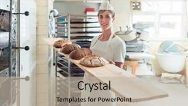  Presentation with baker kneading dough homemade bread - Presentation theme featuring quality presentation - baker woman presenting bread background and a mint green colored foreground