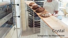  Presentation with bread - Colorful PPT theme enhanced with quality presentation - baker woman presenting bread backdrop and a mint green colored foreground