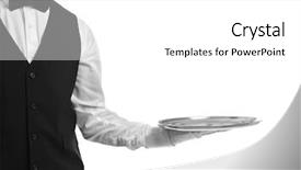  Presentation with waiter - Beautiful presentation featuring quality presentation - waiter holding empty silver tray backdrop and a white colored foreground