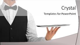  Presentation with waiter - Slide deck featuring quality presentation - waiter holding empty silver tray background and a white colored foreground